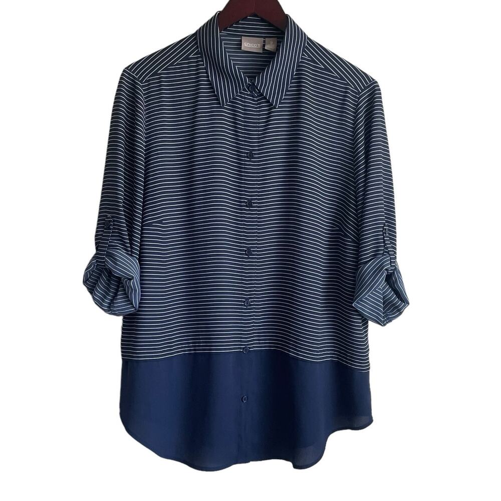Chicos Women Top‎ L Navy Striped Button Up Casual Workwear Preppy Modern Chic